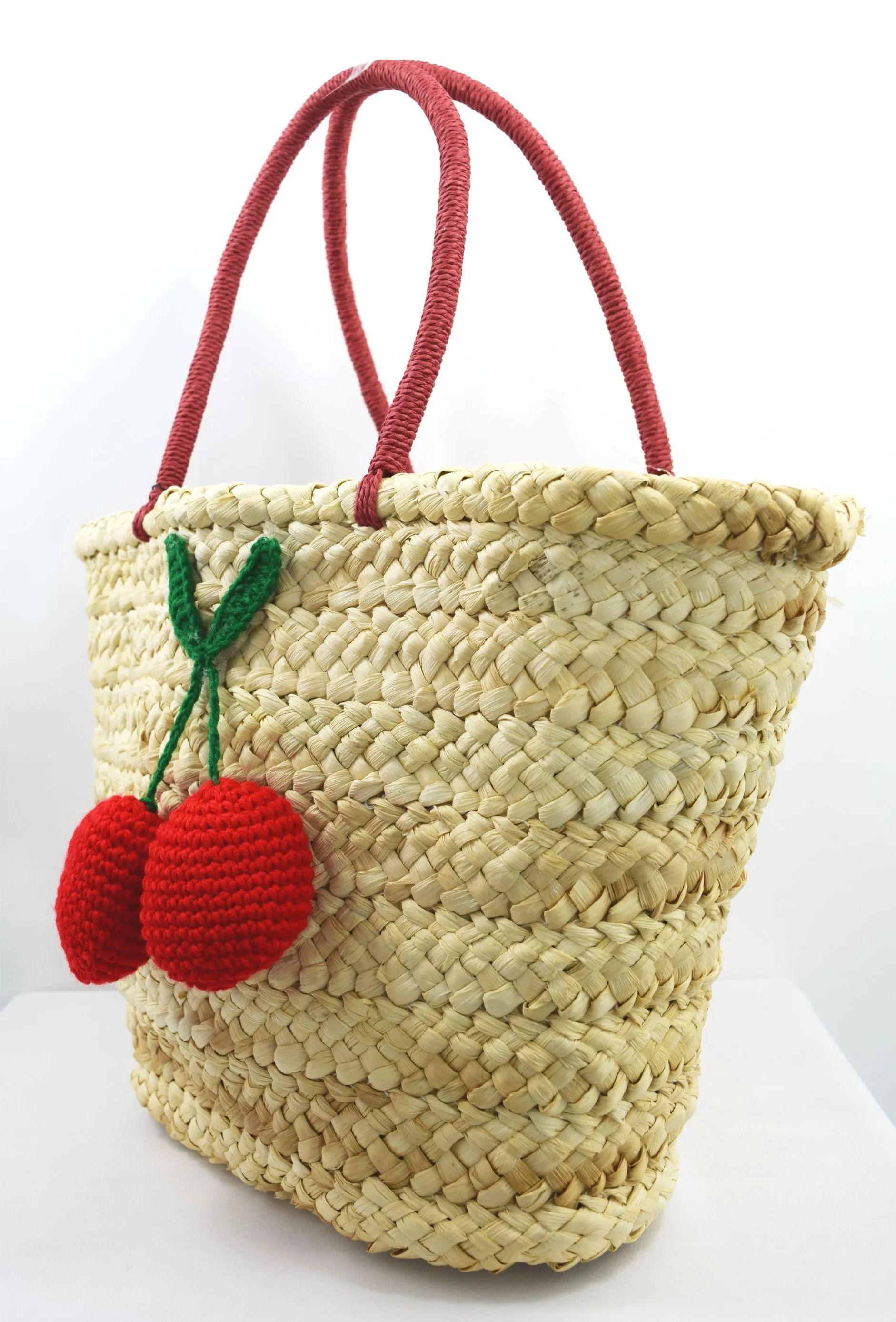 60's Vintage Inspired Natural Straw Cherry Pom Pom Tote Bag