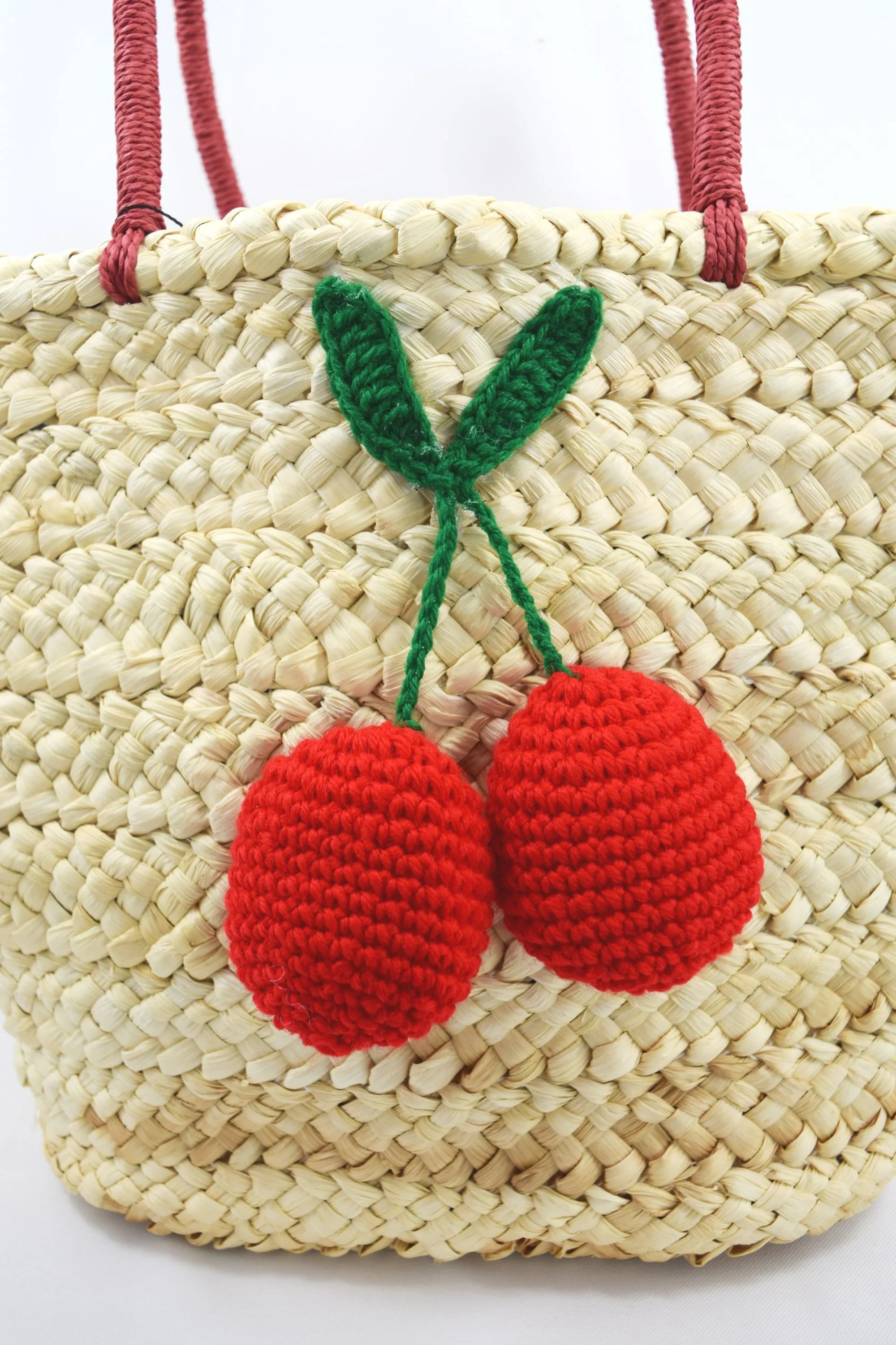 60's Vintage Inspired Natural Straw Cherry Pom Pom Tote Bag