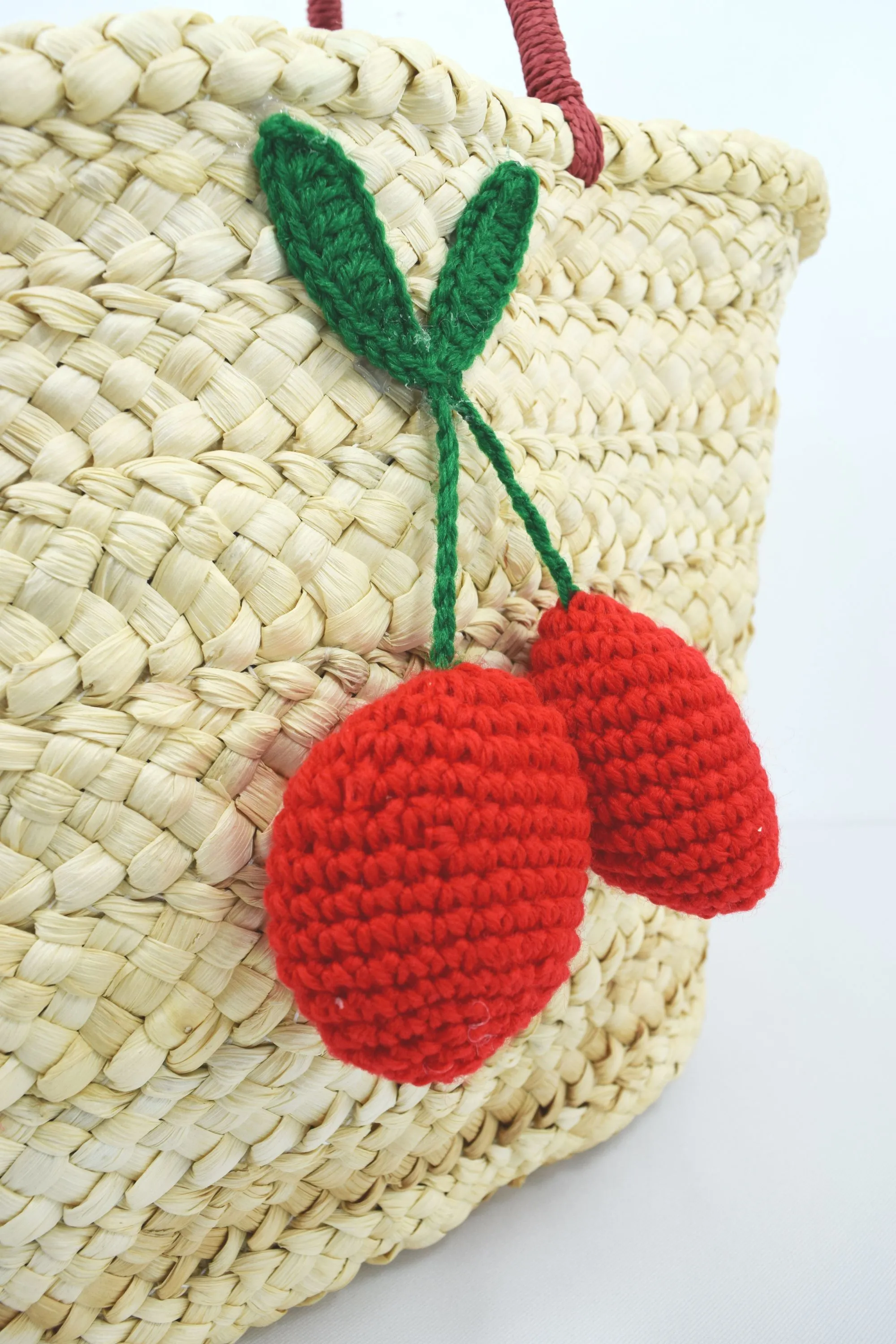 60's Vintage Inspired Natural Straw Cherry Pom Pom Tote Bag
