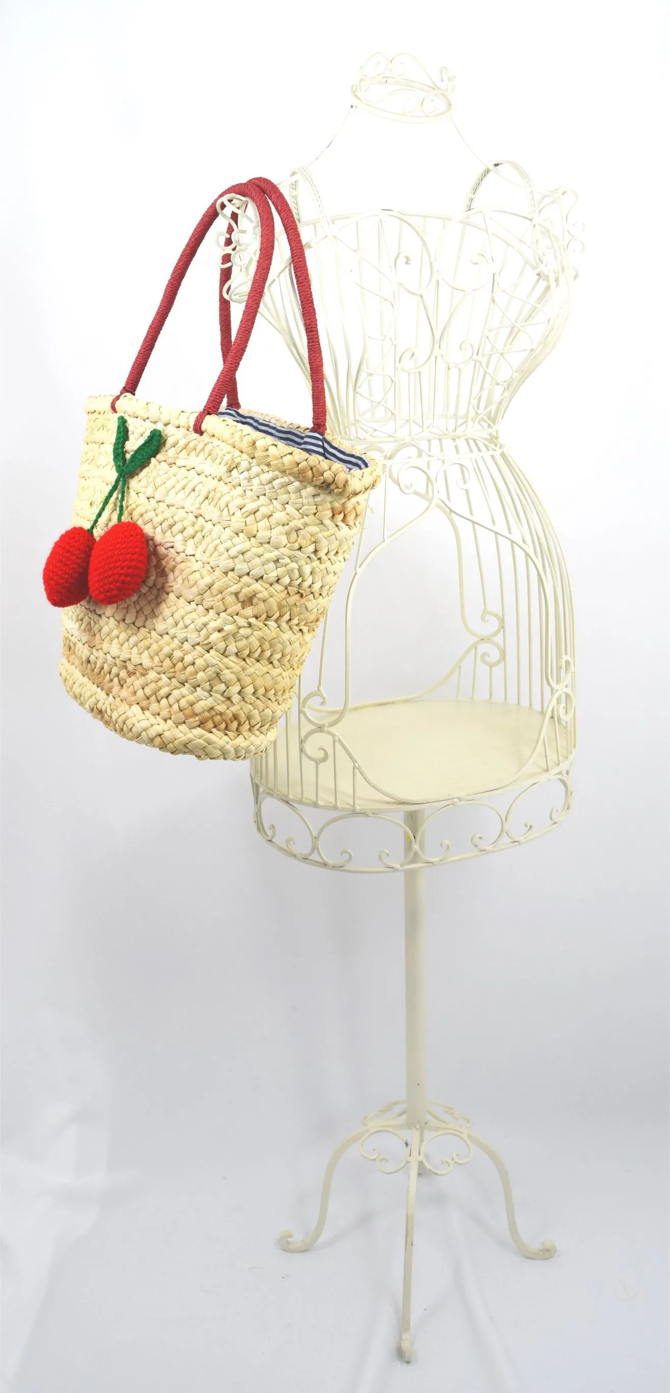 60's Vintage Inspired Natural Straw Cherry Pom Pom Tote Bag