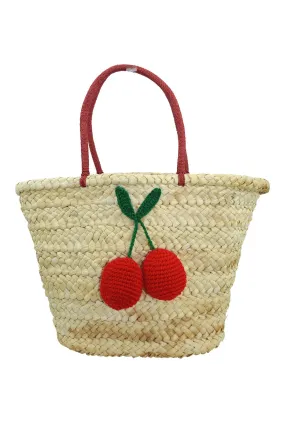 60's Vintage Inspired Natural Straw Cherry Pom Pom Tote Bag