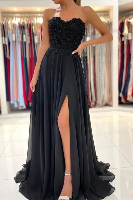 A-line Lace Front-Split Black Prom Dress Off-the-shoulder Evening Dress