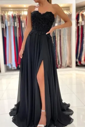 A-line Lace Front-Split Black Prom Dress Off-the-shoulder Evening Dress