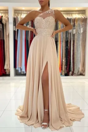 A-Line Sleeveless One-Shoulder Simple Prom Dress with Lace Appliques