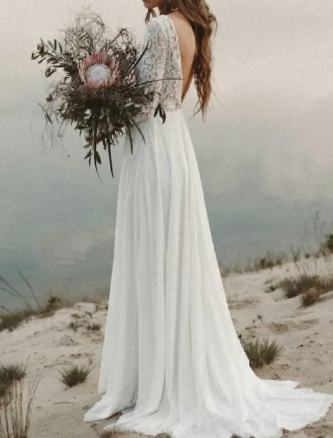 Beach Boho Wedding Dresses A-Line V Neck Long Sleeve Sweep / Brush Train Chiffon Bridal Gowns Summer Wedding Party