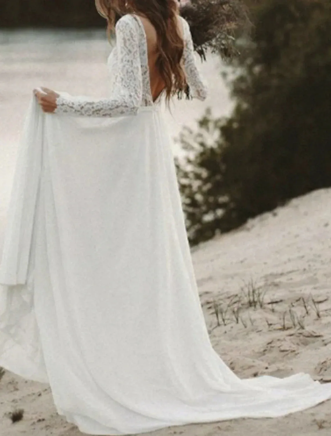 Beach Boho Wedding Dresses A-Line V Neck Long Sleeve Sweep / Brush Train Chiffon Bridal Gowns Summer Wedding Party