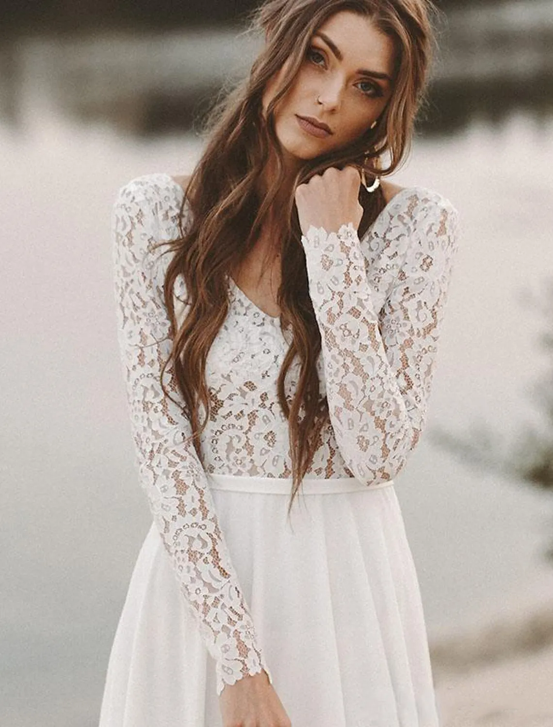 Beach Boho Wedding Dresses A-Line V Neck Long Sleeve Sweep / Brush Train Chiffon Bridal Gowns Summer Wedding Party
