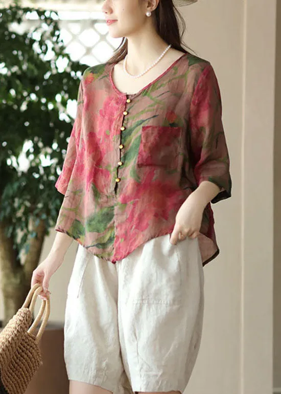Beautiful Rose O Neck Print Button Patchwork Linen Blouses Tops Summer LY7894
