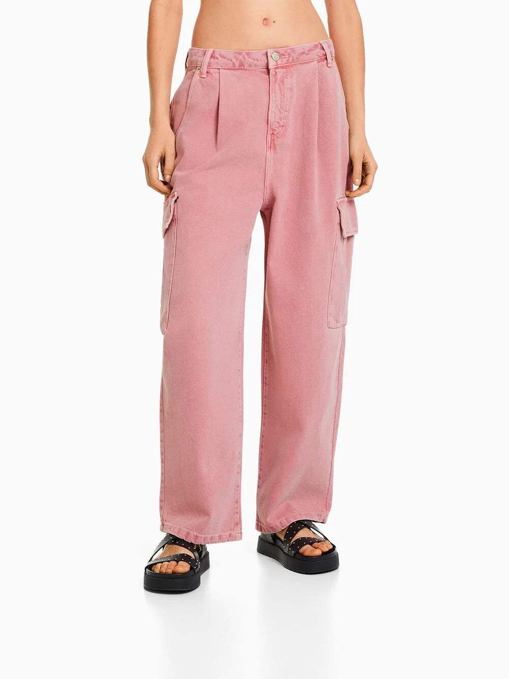 Bershka wide leg cargo jeans, dark pink