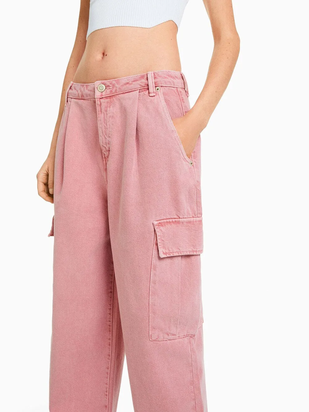 Bershka wide leg cargo jeans, dark pink