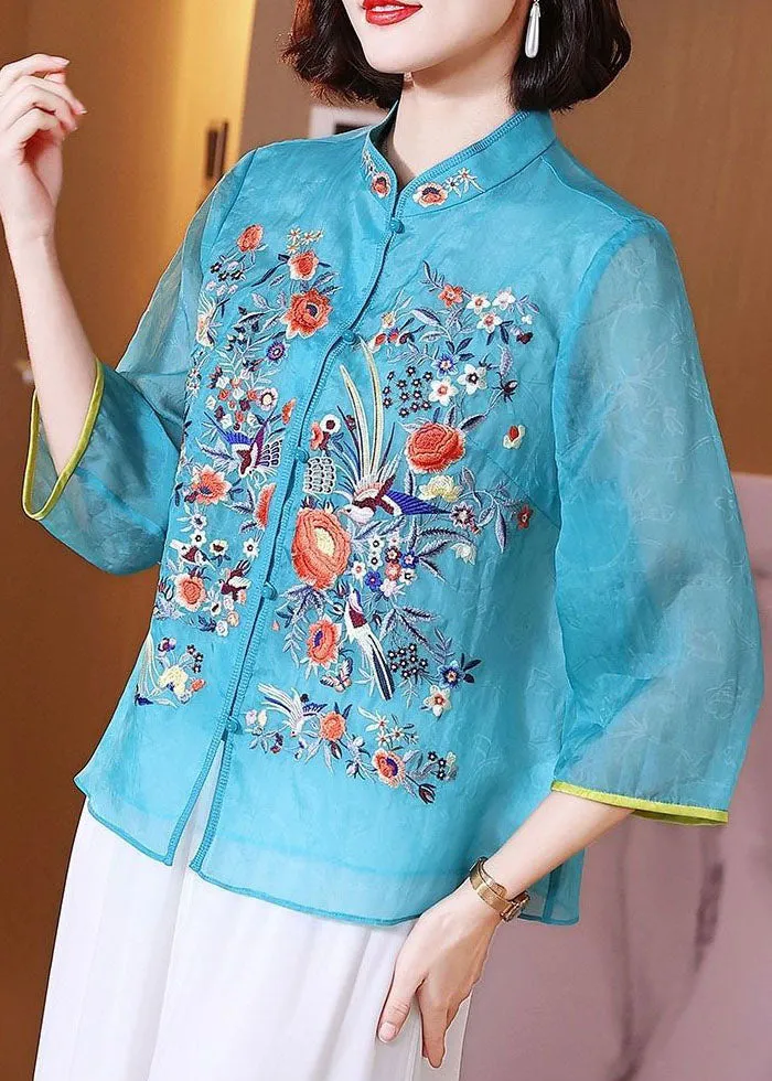 Chinese Style Blue Embroideried Patchwork Chiffon Blouse Tops Summer TP1042