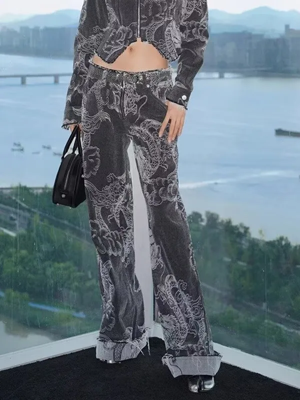 Dragon Embroidered Jeans Raw-edge Wide-leg Pants