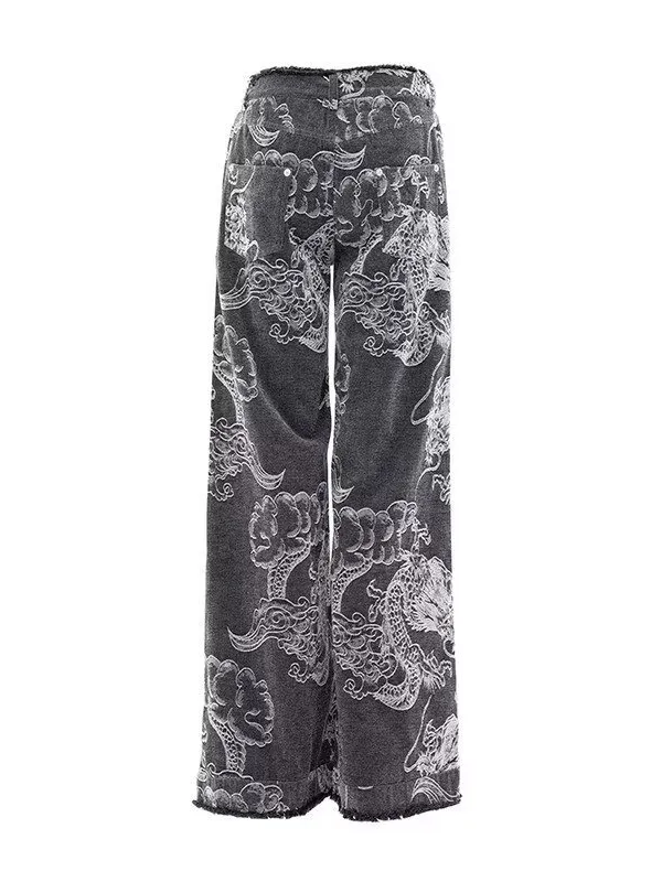 Dragon Embroidered Jeans Raw-edge Wide-leg Pants