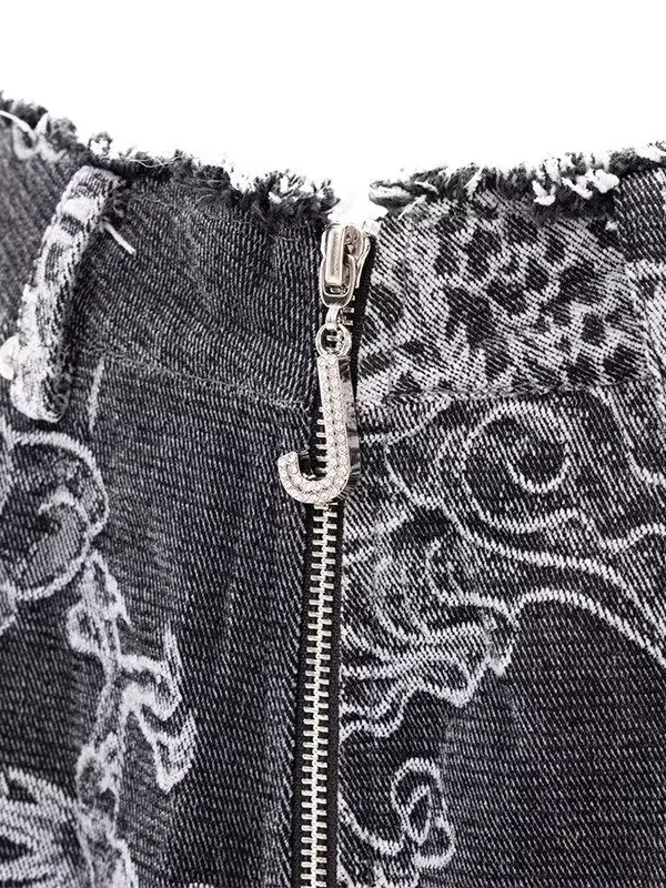 Dragon Embroidered Jeans Raw-edge Wide-leg Pants