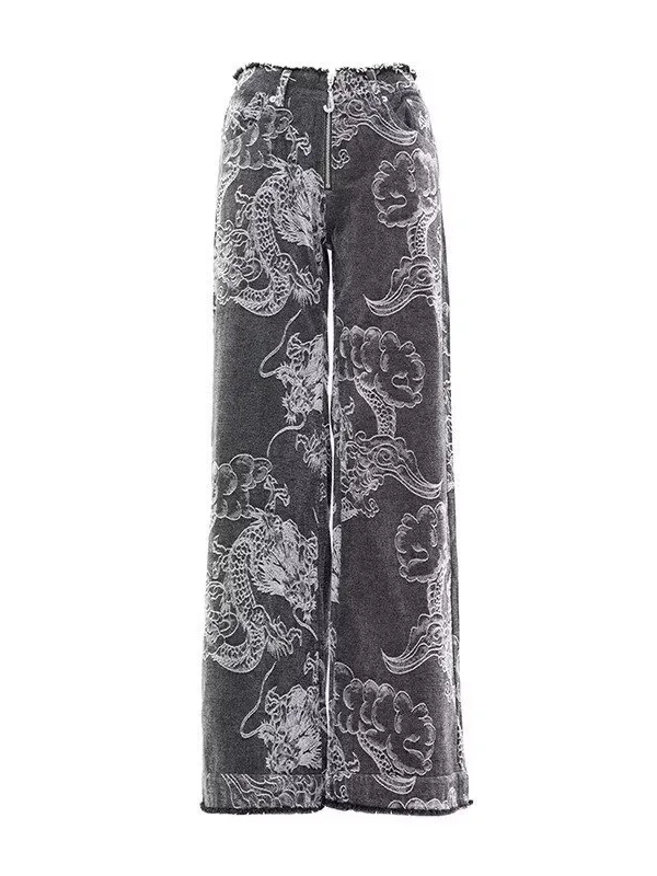 Dragon Embroidered Jeans Raw-edge Wide-leg Pants