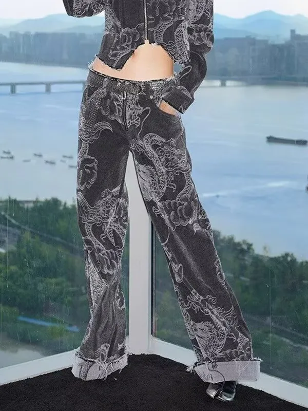 Dragon Embroidered Jeans Raw-edge Wide-leg Pants