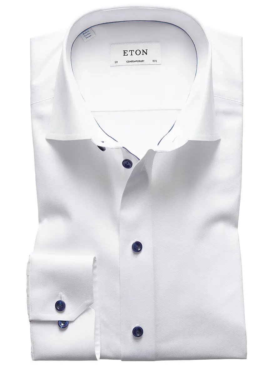 Eton Contemporary Fit White Twill Dress Shirt With Navy Details