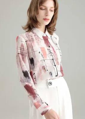 French Colorblock Peter Pan Collar Print Silk Shirt Tops Spring LY0370