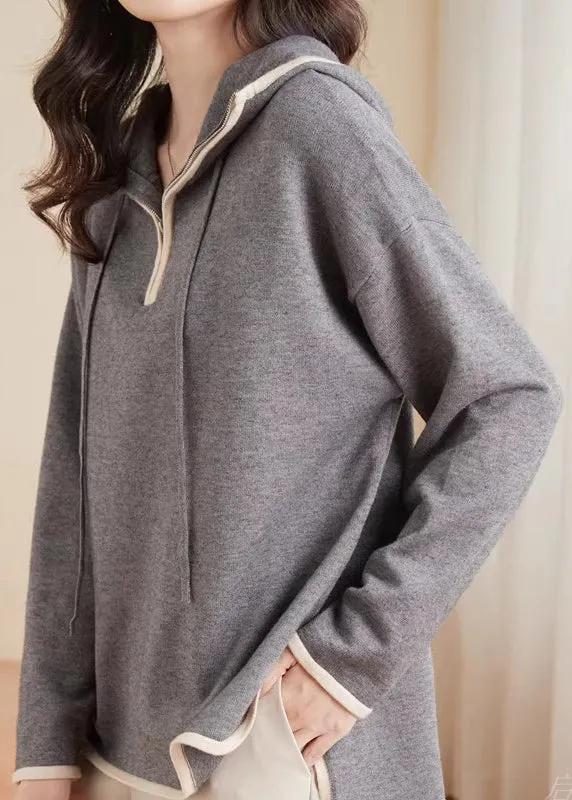 French Grey Peter Pan Collar Zippered Patchwork Woolen Knit Sweater Tops Fall LY9908