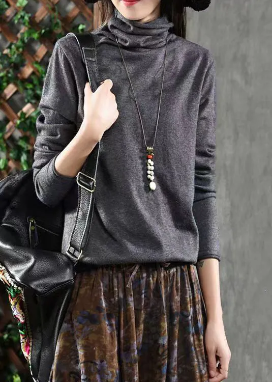 Grey Patchwork Loose Knitting Cotton Tops Turtleneck Fall ML1804