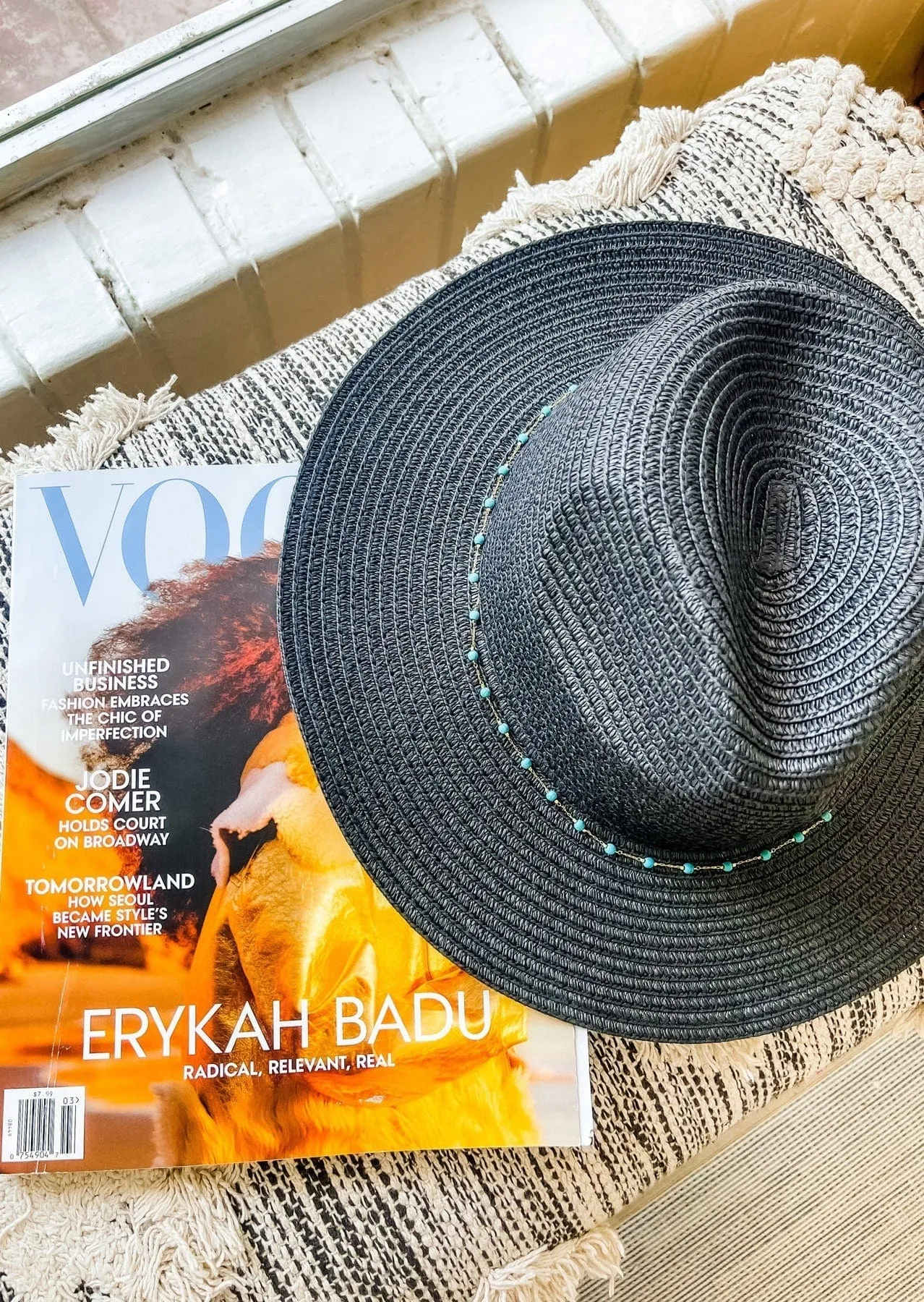 H3318 Turquoise Bead Chain Straw Panama Sun Hat