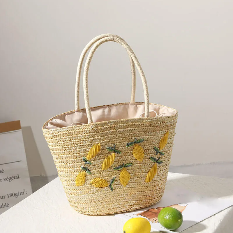 Handmade Embroidered Lemon Straw Beach Tote Bags-Showtown