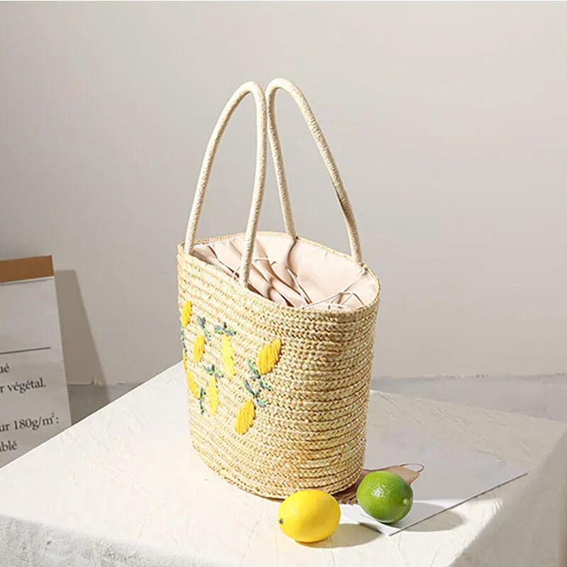 Handmade Embroidered Lemon Straw Beach Tote Bags-Showtown