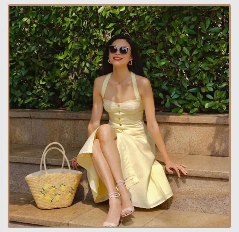 Handmade Embroidered Lemon Straw Beach Tote Bags-Showtown