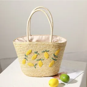 Handmade Embroidered Lemon Straw Beach Tote Bags-Showtown