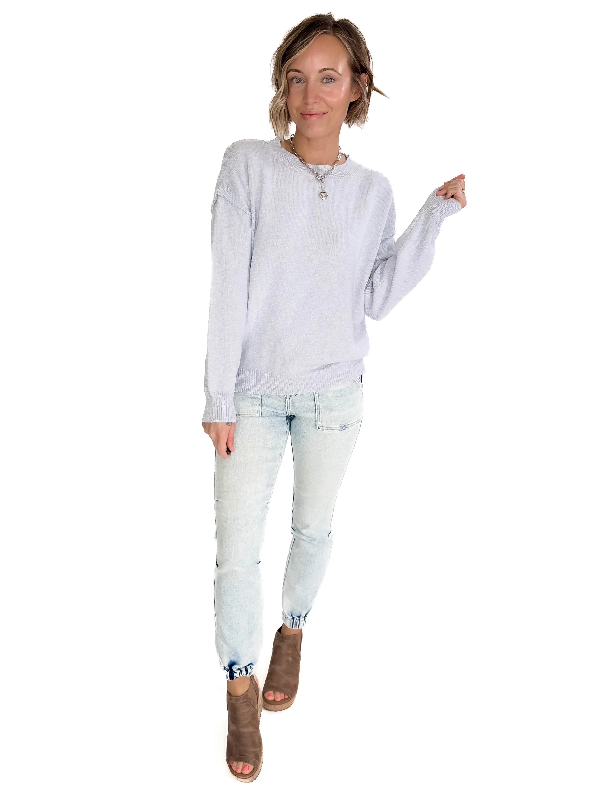 Kiera Drop Shoulder Cotton Sweater- BABY BLUE