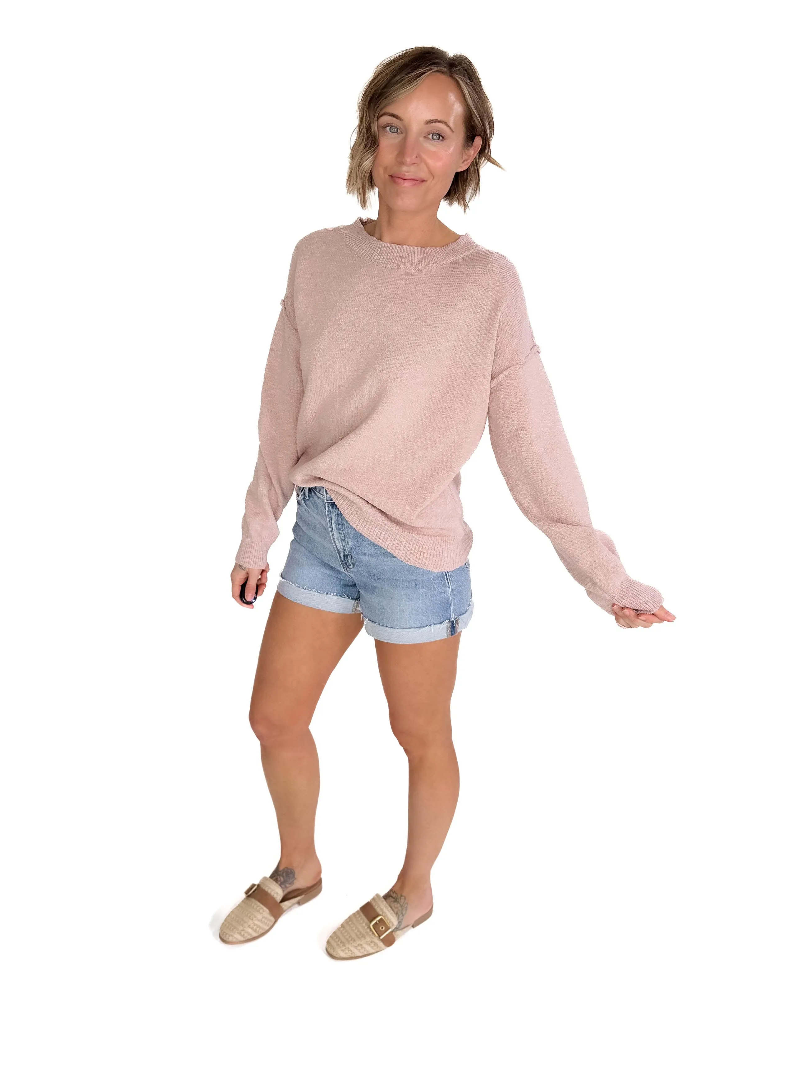 Kiera Drop Shoulder Cotton Sweater- DUSTY ROSE