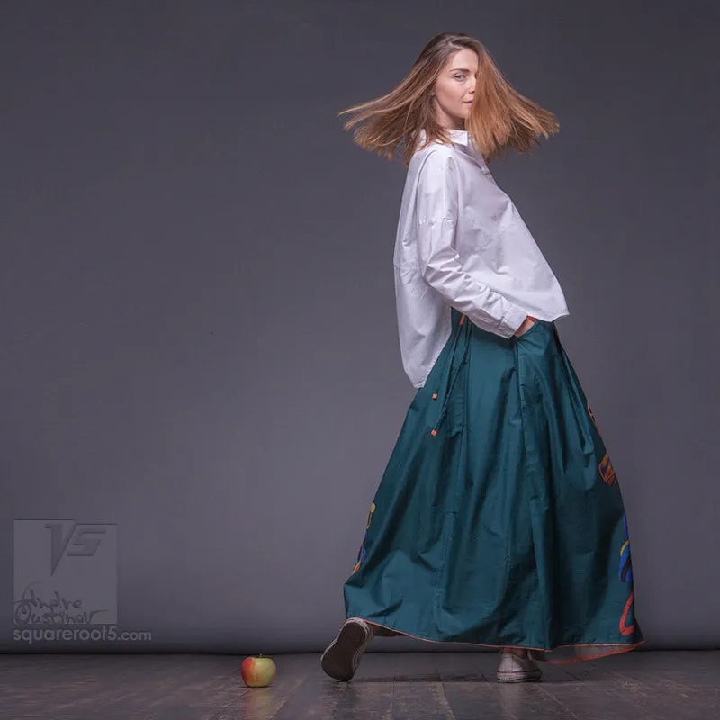 Long cotton skirt "Samurai Girl" model "Solar Emerald"
