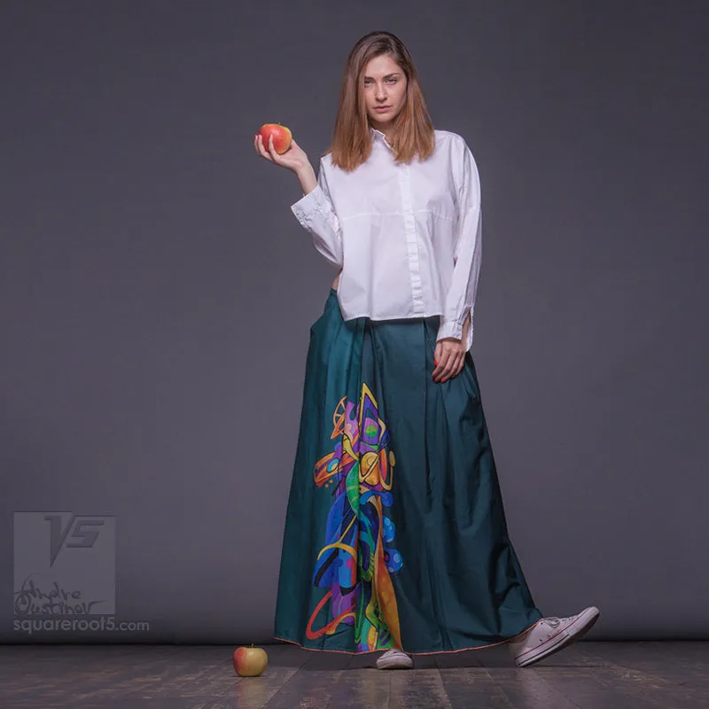 Long cotton skirt "Samurai Girl" model "Solar Emerald"