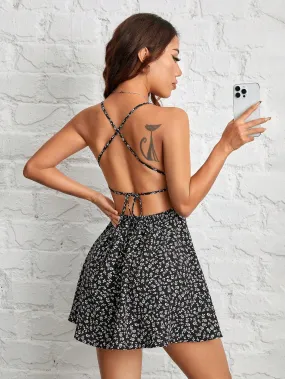 SHEIN PETITE Women's Ditsy Floral Backless Criss-Cross Strap Casual Sun Dress For Vacation