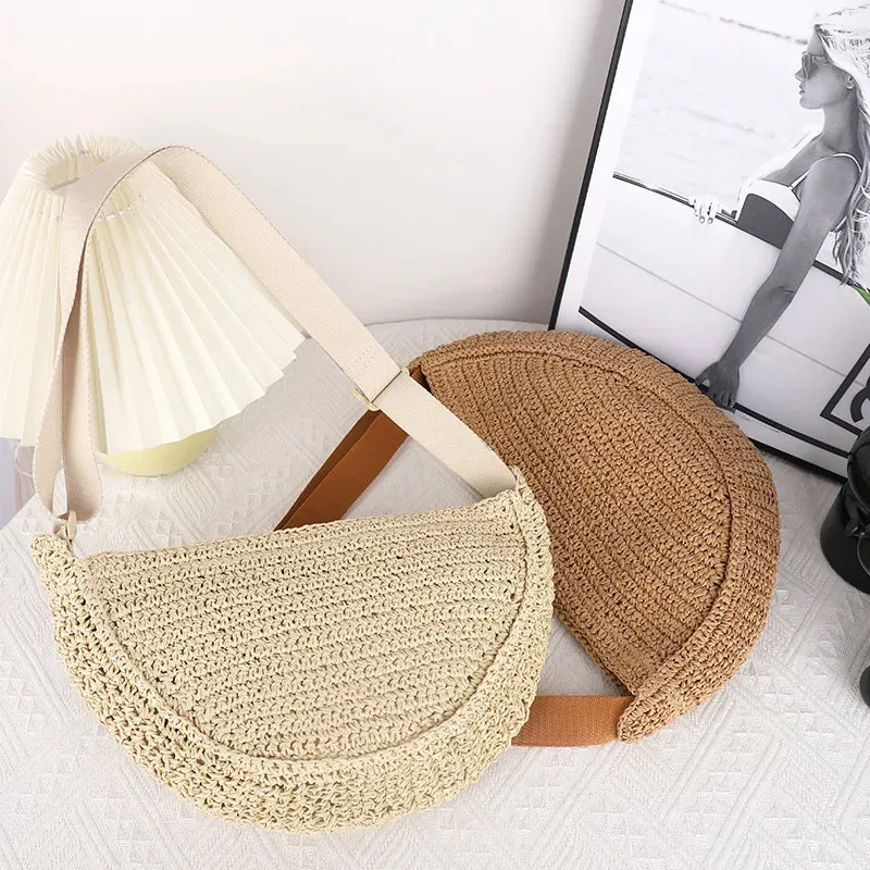 UAKISS  -  Simple Paper Rope Women's Shoulder Bags Summer Fashion Straw Semicircle Crossbody Bag Casual Beach Woven Handbags Underarm Bag