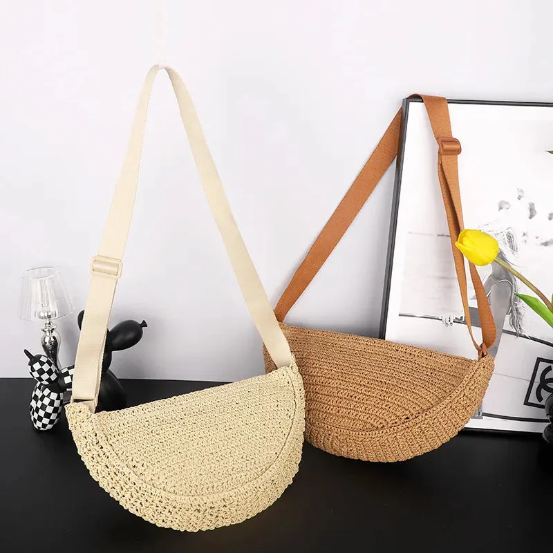 UAKISS  -  Simple Paper Rope Women's Shoulder Bags Summer Fashion Straw Semicircle Crossbody Bag Casual Beach Woven Handbags Underarm Bag