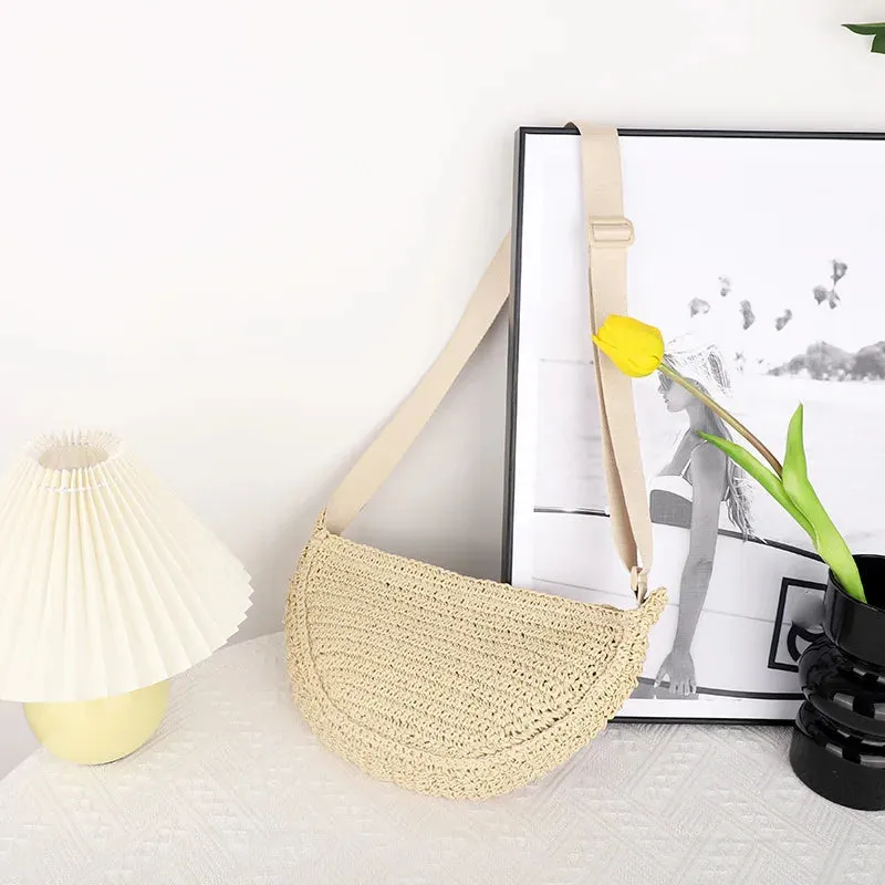 UAKISS  -  Simple Paper Rope Women's Shoulder Bags Summer Fashion Straw Semicircle Crossbody Bag Casual Beach Woven Handbags Underarm Bag