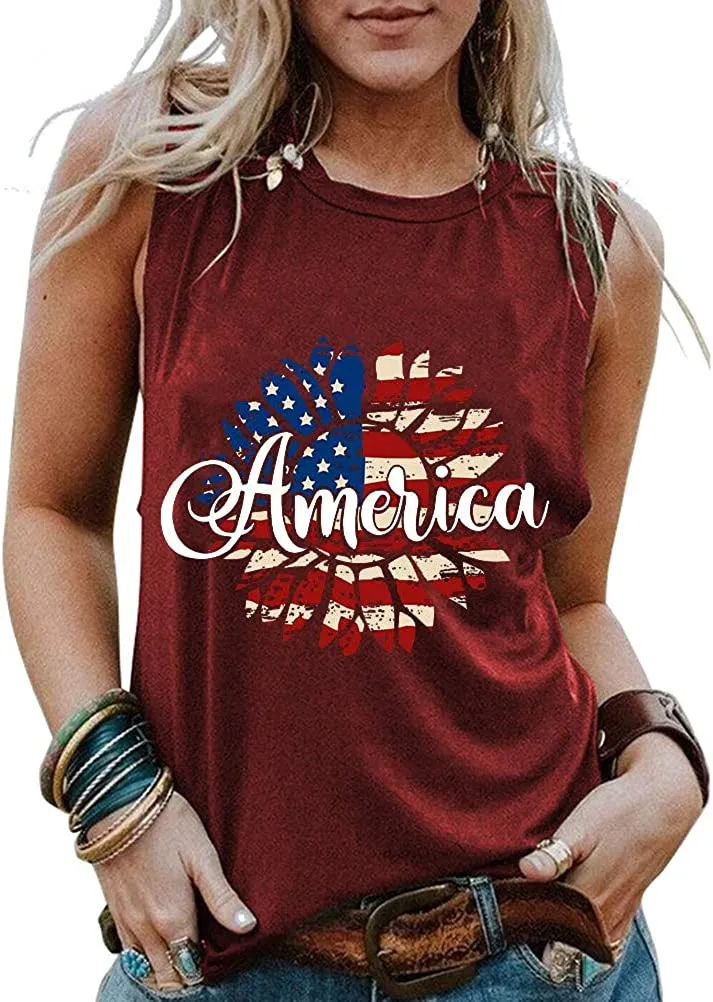 Women American Flag Sunflowers Patriotic Tank Top 4th of July Shirt