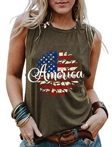 Women American Flag Sunflowers Patriotic Tank Top 4th of July Shirt