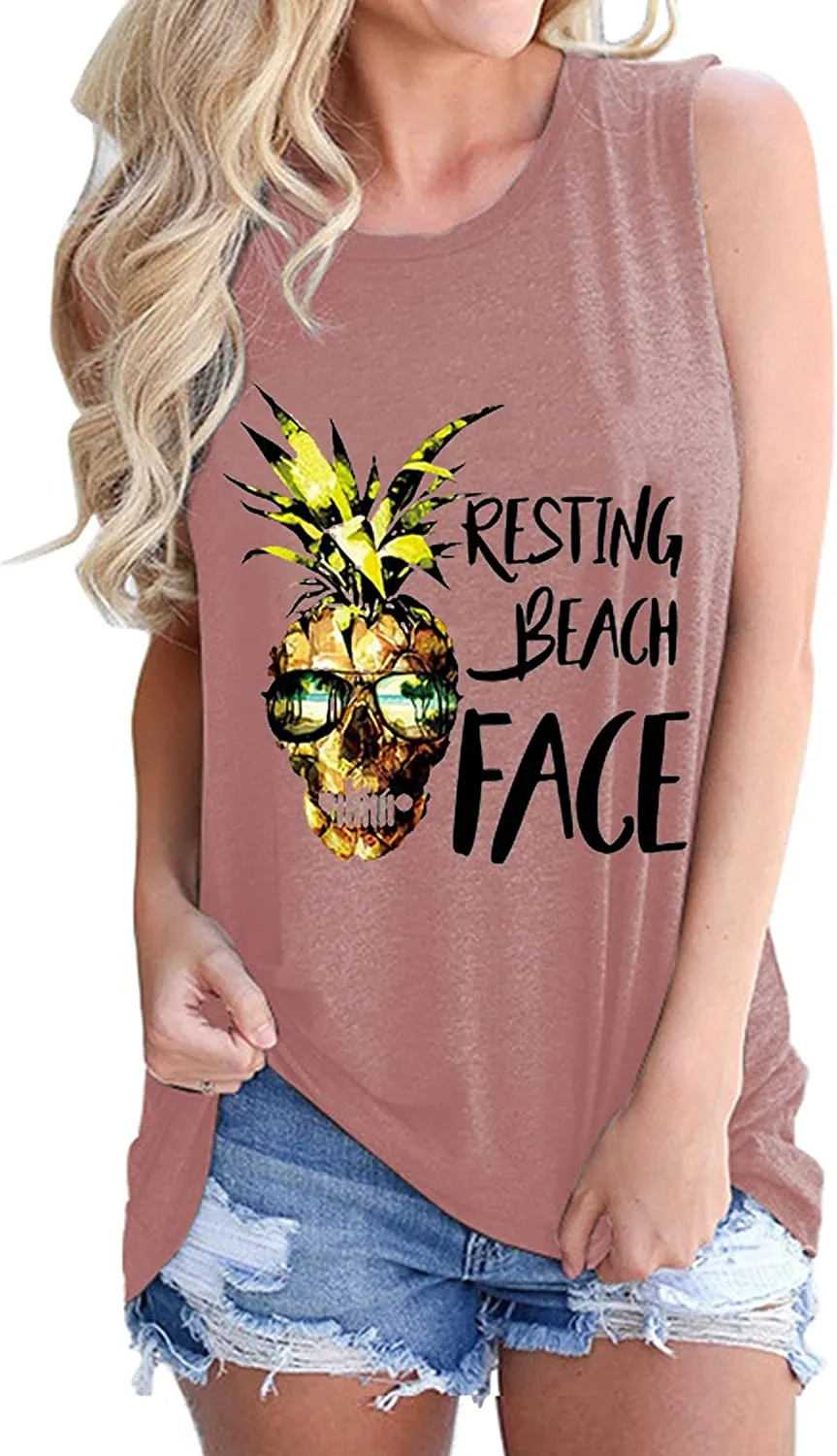 Women Resting Beach Face Shirt Women Pineapple Tank Tops